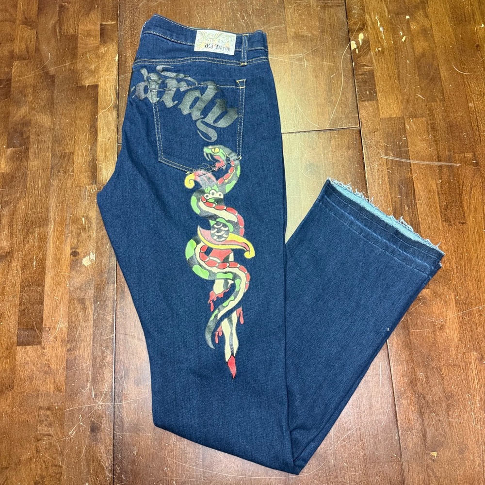 New Ed Hardy Stacked Boot Jeans Mens 38x37 Blue Snake Rose Tattoo Graphic Denim
